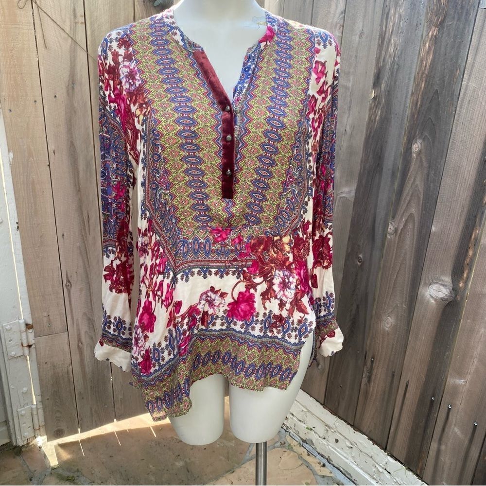 Aratta Silent Journey Womens Printed Tunic Size M Floral Geometric Split Hem